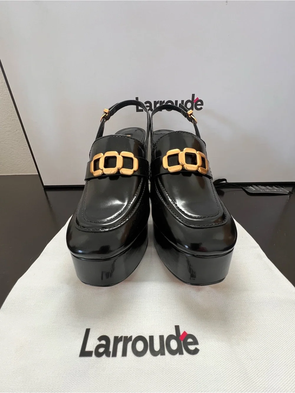 Larroude Harrington Glossy Black Platform Slingback Loafers Heels 7.5 NIB NWT